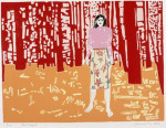 Woman standing in red woods