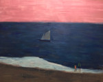 Two figures standing on the seashore with a sailing boat in the distance and a pink sky
