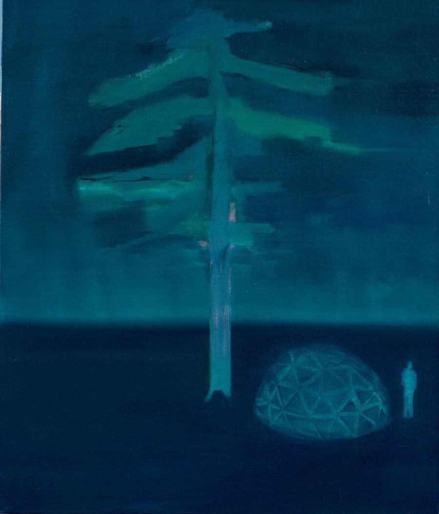 A blue landscape of a tree, a glass dome and a human figure.